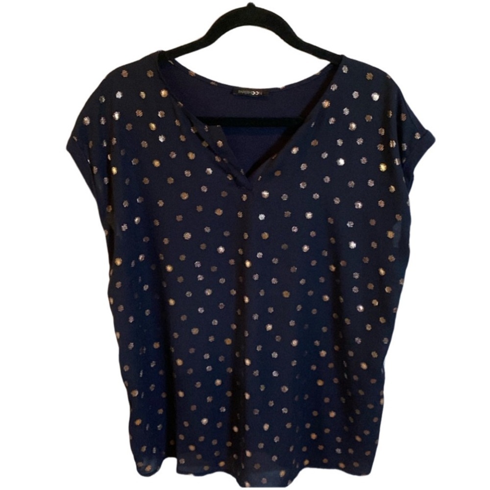 PaperMoon short sleeve blouse. Size L. Navy with copper color dots.